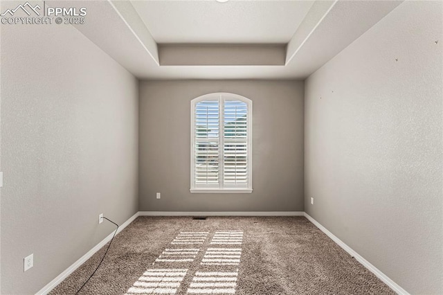 carpeted spare room with baseboards and a tray ceiling