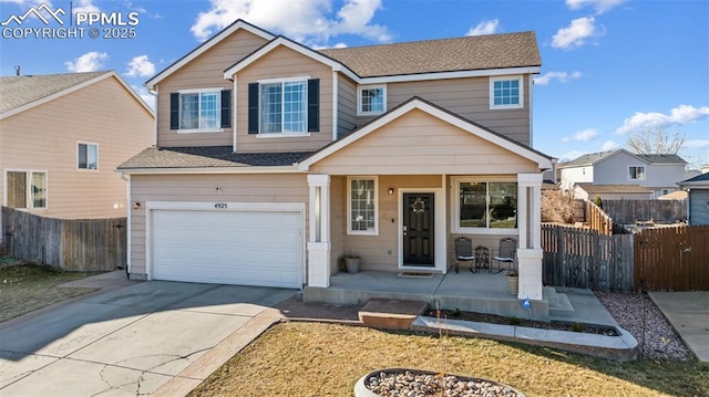 view of front facade with a garage, concrete driveway, roof with shingles, fence, and a porch