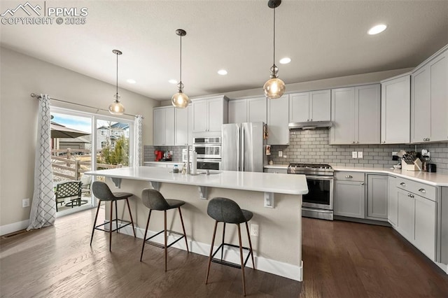 kitchen with appliances with stainless steel finishes, light countertops, under cabinet range hood, and dark wood-style floors