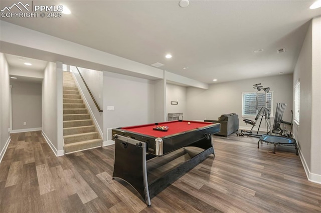 game room with billiards, visible vents, baseboards, wood finished floors, and recessed lighting