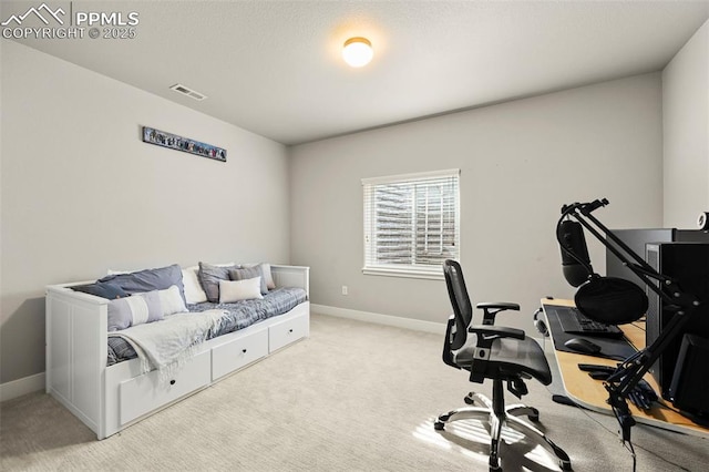 office featuring baseboards, visible vents, and carpet flooring