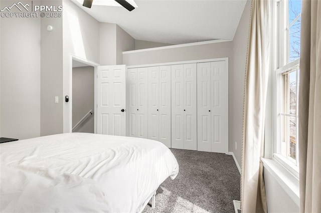 1908 Giltshire Dr, Colorado Springs, CO 80905 - carpeted bedroom with baseboards, a closet, vaulted ceiling, and a ceiling fan