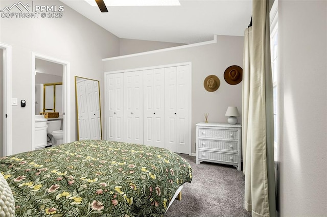 1908 Giltshire Dr, Colorado Springs, CO 80905 - carpeted bedroom with ensuite bath, a ceiling fan, lofted ceiling, and multiple closets