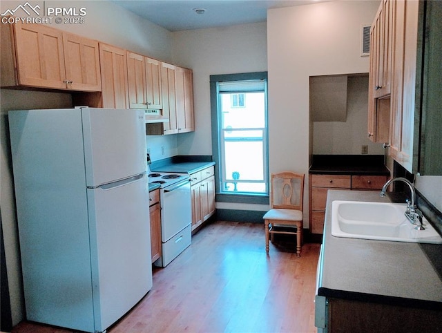 kitchen featuring visible vents, light brown cabinetry, a sink, white appliances, and under cabinet range hood