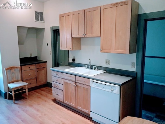 kitchen with dishwasher, a sink, and light brown cabinets