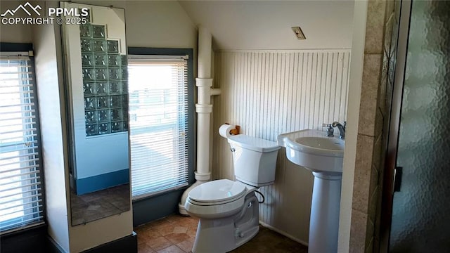 bathroom featuring toilet, a wealth of natural light, and tile patterned floors