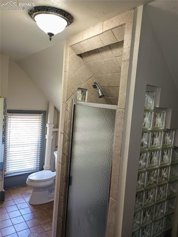 bathroom featuring toilet, a shower stall, lofted ceiling, and tile patterned floors