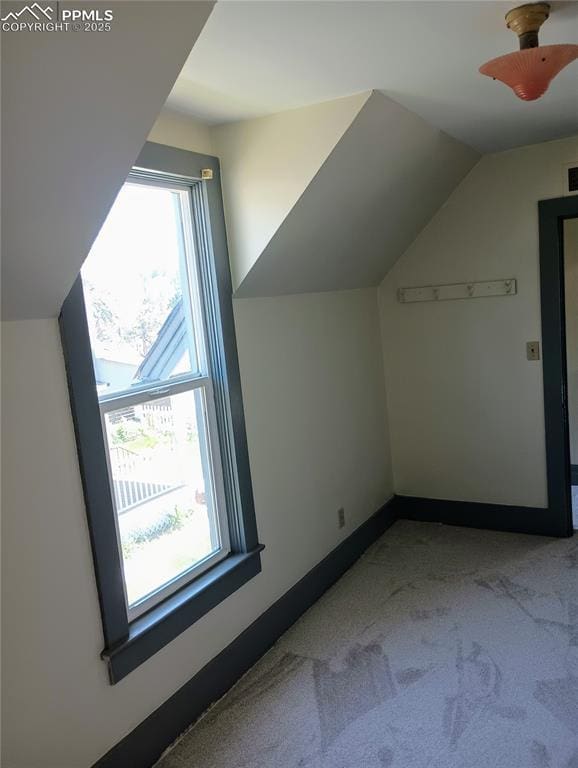 additional living space featuring lofted ceiling, plenty of natural light, baseboards, and carpet flooring