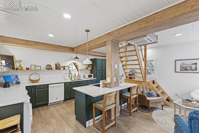 kitchen featuring open shelves, white appliances, green cabinets, and beamed ceiling