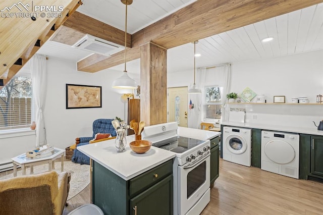 kitchen with light wood-style flooring, light countertops, white range with electric stovetop, beamed ceiling, and green cabinetry