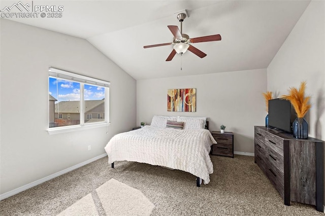 bedroom with carpet floors, lofted ceiling, ceiling fan, and baseboards