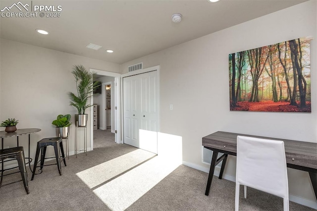 office area featuring baseboards, carpet flooring, visible vents, and recessed lighting