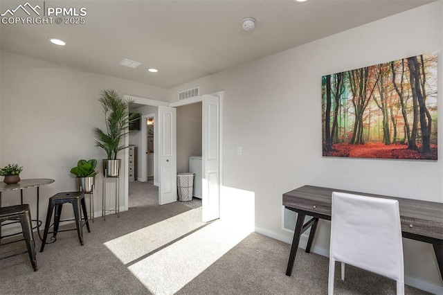 office area featuring recessed lighting, carpet flooring, visible vents, and baseboards