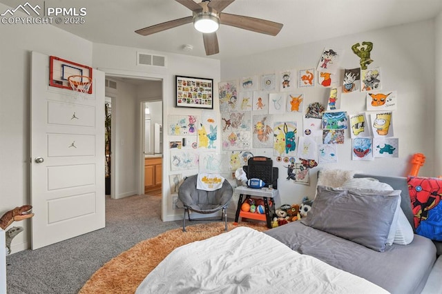 bedroom featuring a ceiling fan, visible vents, and carpet flooring