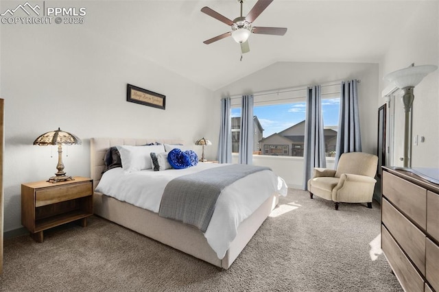 bedroom featuring ceiling fan, lofted ceiling, and carpet