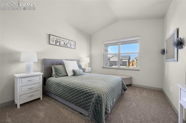 bedroom with carpet flooring, baseboards, and vaulted ceiling