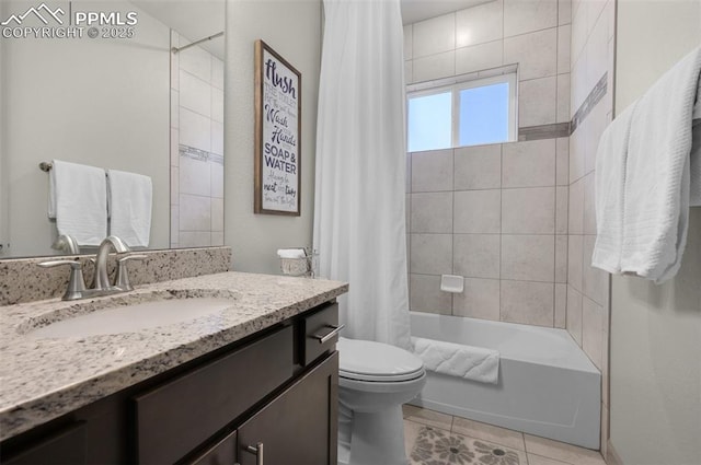 bathroom with vanity, tile patterned floors, toilet, and shower / bathtub combination with curtain