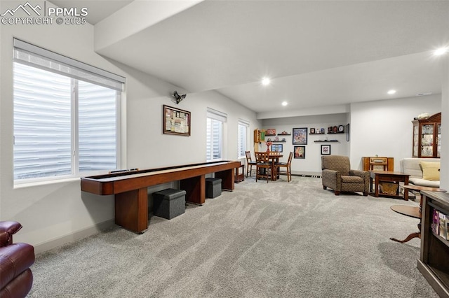 recreation room with recessed lighting, baseboards, and carpet