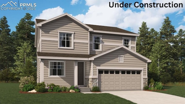 view of front facade with an attached garage, stone siding, concrete driveway, and a front yard