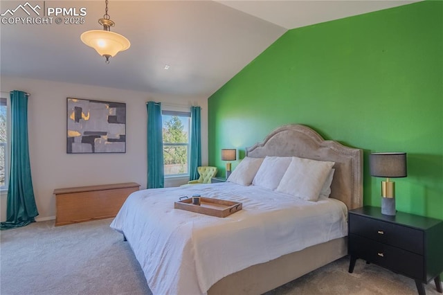 bedroom featuring carpet and vaulted ceiling