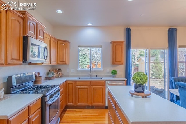 kitchen featuring a wealth of natural light, stainless steel appliances, a sink, and light countertops