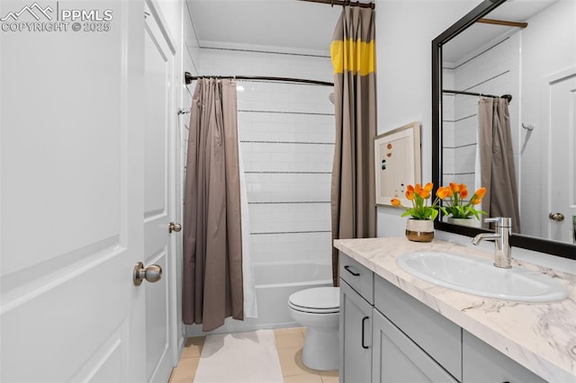 bathroom with toilet, tile patterned flooring, shower / bath combo with shower curtain, and vanity