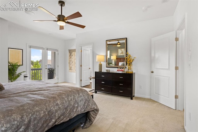 bedroom with access to exterior, ceiling fan, baseboards, and light colored carpet