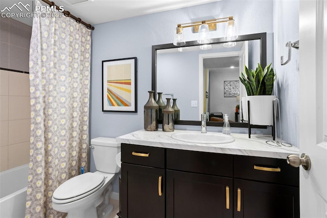 full bathroom featuring toilet, shower / bathtub combination with curtain, and vanity