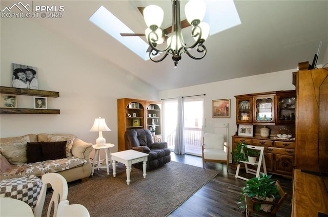 living room featuring lofted ceiling with skylight and dark wood-style floors