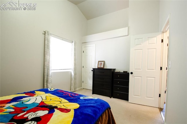 bedroom with light colored carpet and high vaulted ceiling