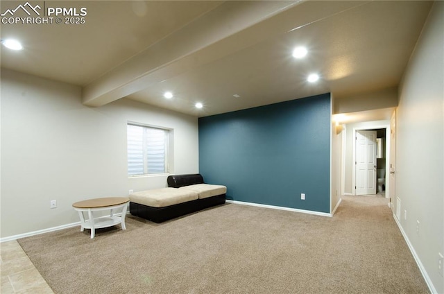 sitting room with recessed lighting, beamed ceiling, and baseboards