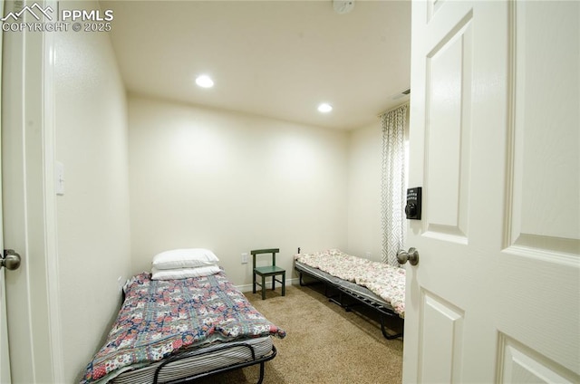 carpeted bedroom with recessed lighting and baseboards