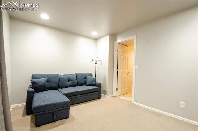 sitting room featuring recessed lighting, baseboards, and carpet