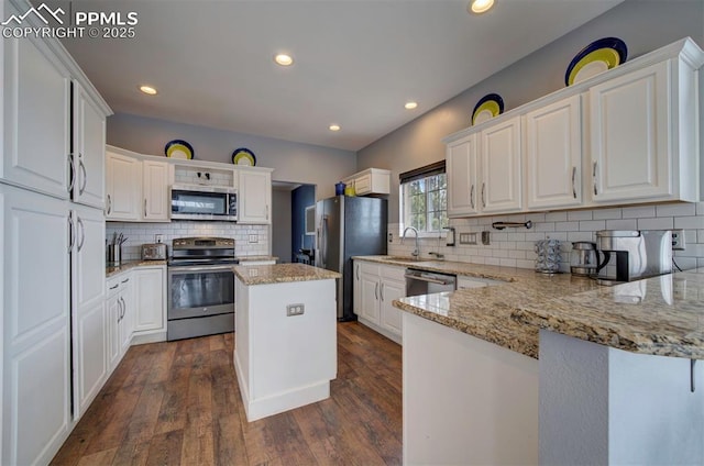 kitchen featuring white cabinets, dark wood-style flooring, light stone countertops, stainless steel appliances, and recessed lighting