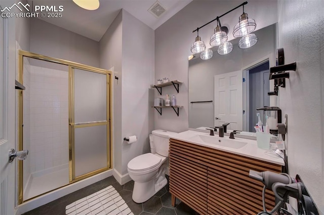 bathroom featuring a stall shower, visible vents, toilet, and tile patterned floors