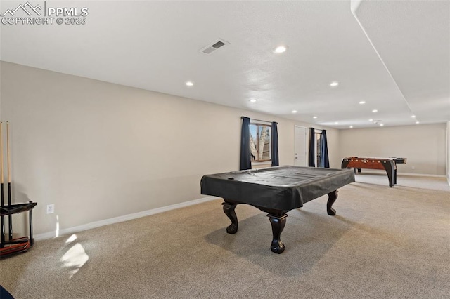 playroom with recessed lighting, billiards, visible vents, baseboards, and carpet