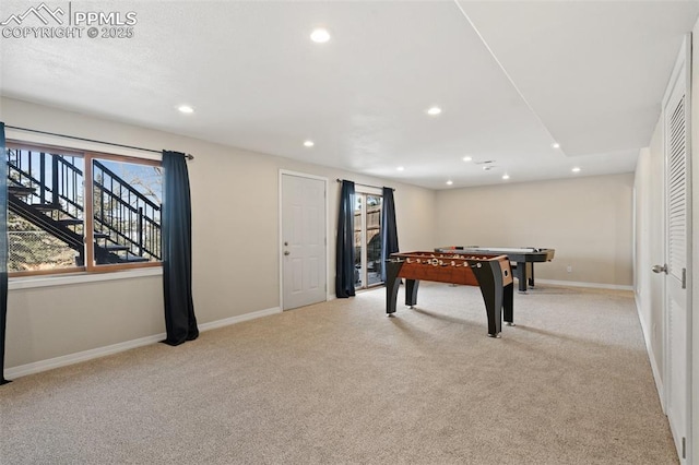 rec room with light carpet, baseboards, and recessed lighting