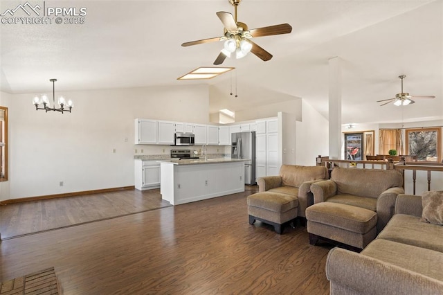 living room featuring dark wood-style floors, baseboards, high vaulted ceiling, and ceiling fan with notable chandelier