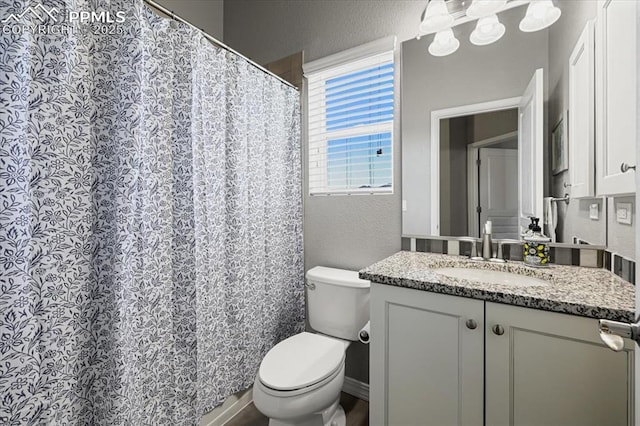 bathroom featuring vanity, toilet, and a textured wall