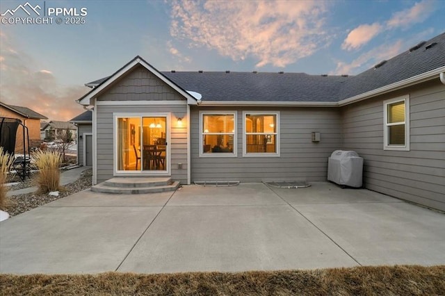 back of property with a patio and roof with shingles