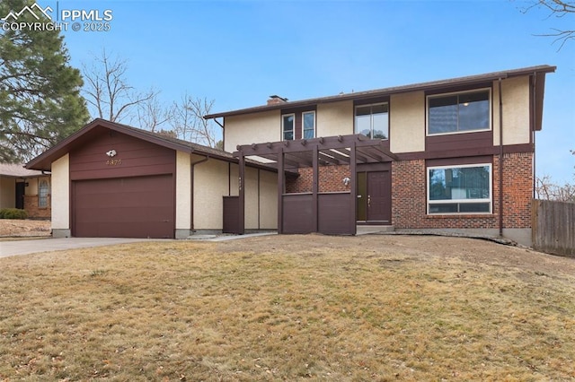 view of front of home with an attached garage, fence, concrete driveway, a pergola, and a front yard