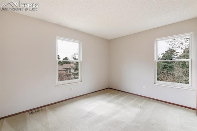 empty room featuring visible vents, a textured ceiling, and light colored carpet