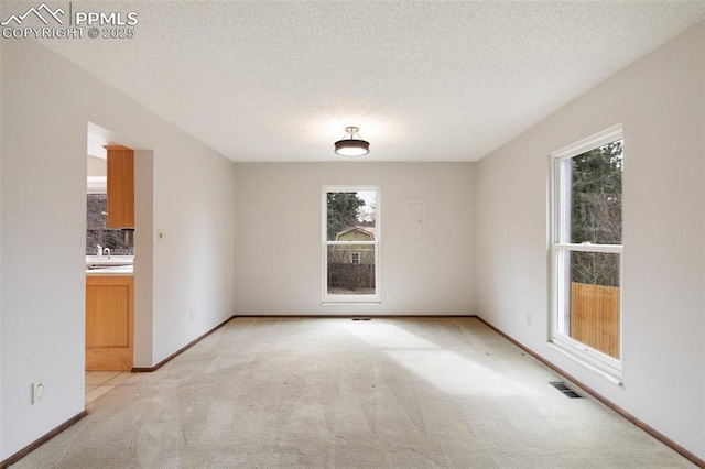 empty room with baseboards, a textured ceiling, visible vents, and light colored carpet