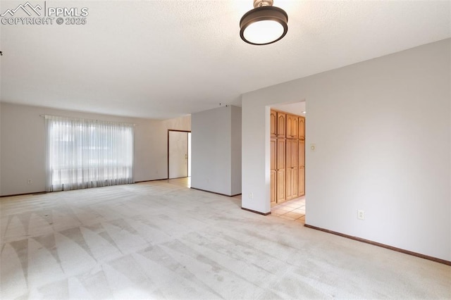 empty room featuring light carpet, a textured ceiling, and baseboards