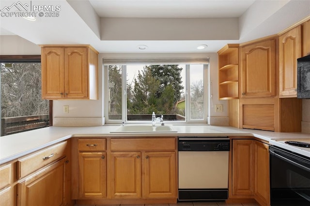 kitchen featuring range with electric stovetop, a sink, light countertops, dishwasher, and open shelves