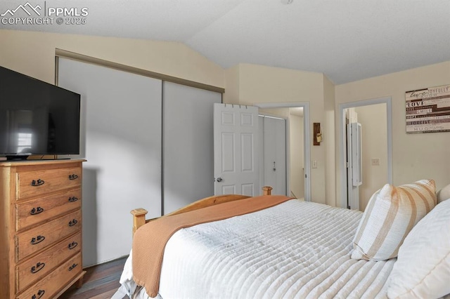 bedroom featuring a closet, lofted ceiling, and dark wood-style flooring