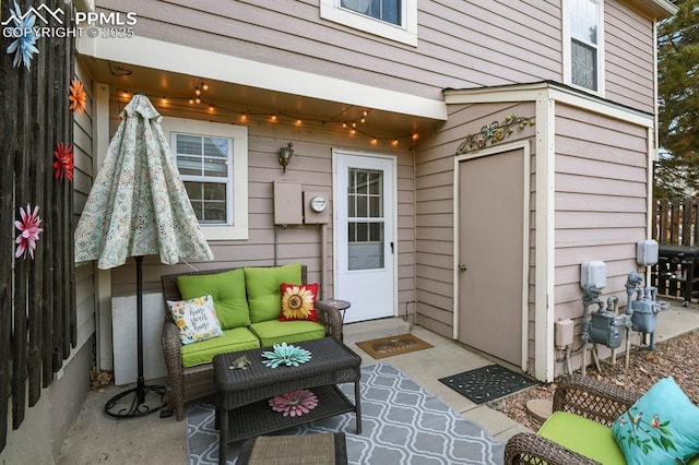 exterior space featuring an outdoor living space and a patio