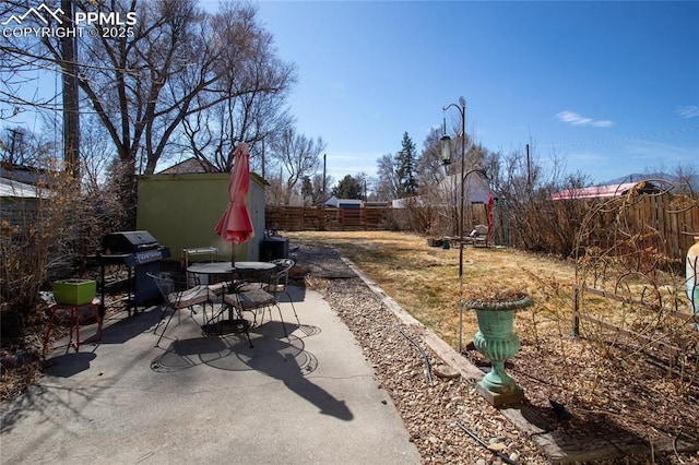 view of patio / terrace with an outbuilding, area for grilling, outdoor dining area, and a fenced backyard