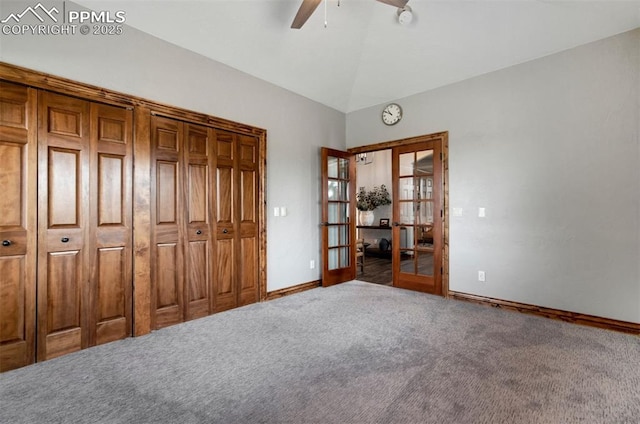 17820 Pioneer Xing, Colorado Springs, CO 80908 - unfurnished bedroom with french doors, carpet, baseboards, lofted ceiling, and a ceiling fan