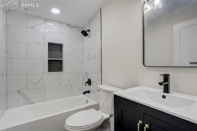 full bathroom with recessed lighting, toilet, vanity, and  shower combination